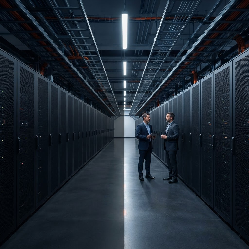 Two executive advisors discussing infrastructure inside a secure enterprise data center aisle