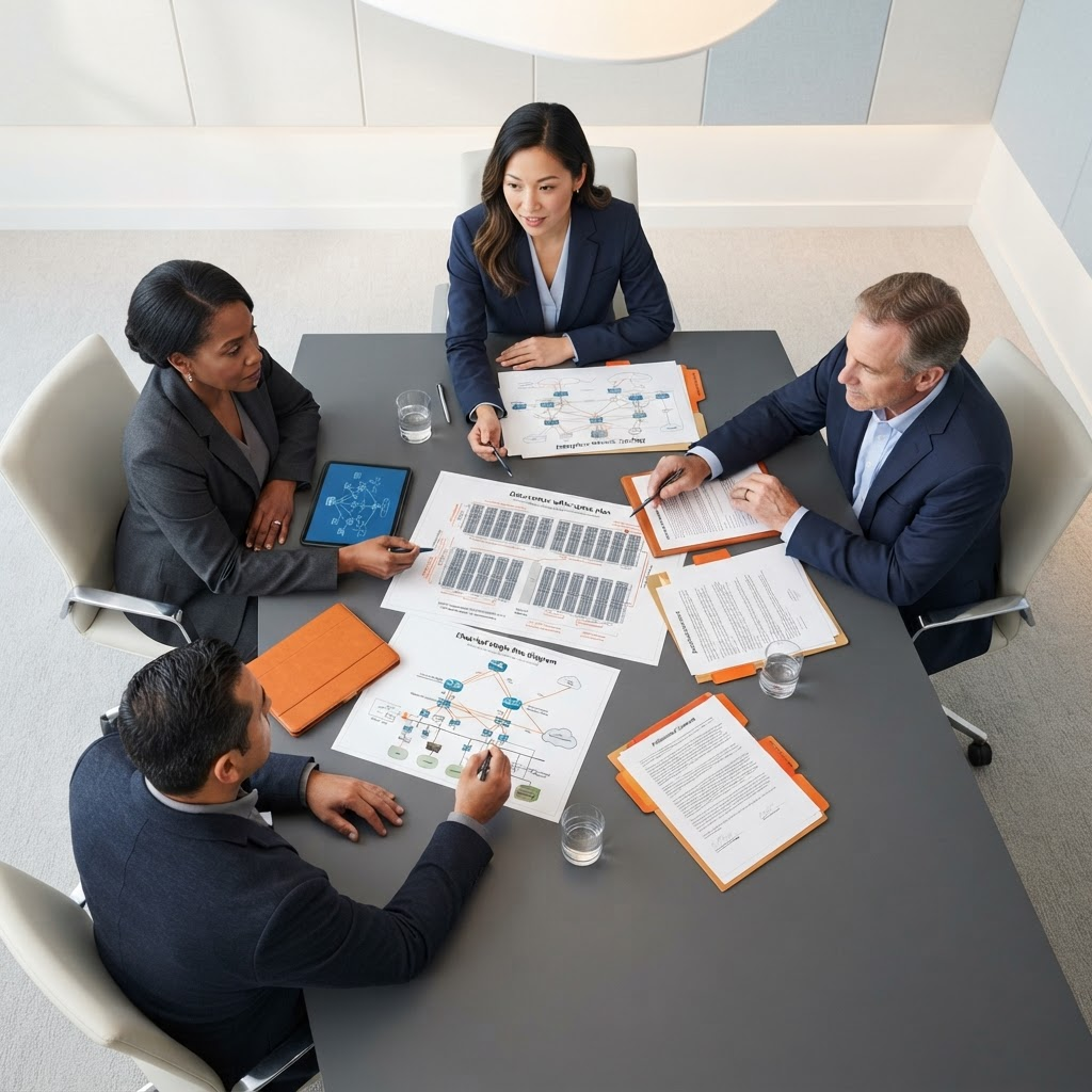 Four infrastructure advisors collaborating around a table with a data center rack layout, network topology, electrical one-line diagram, contract documents, and a tablet displaying a network schematic