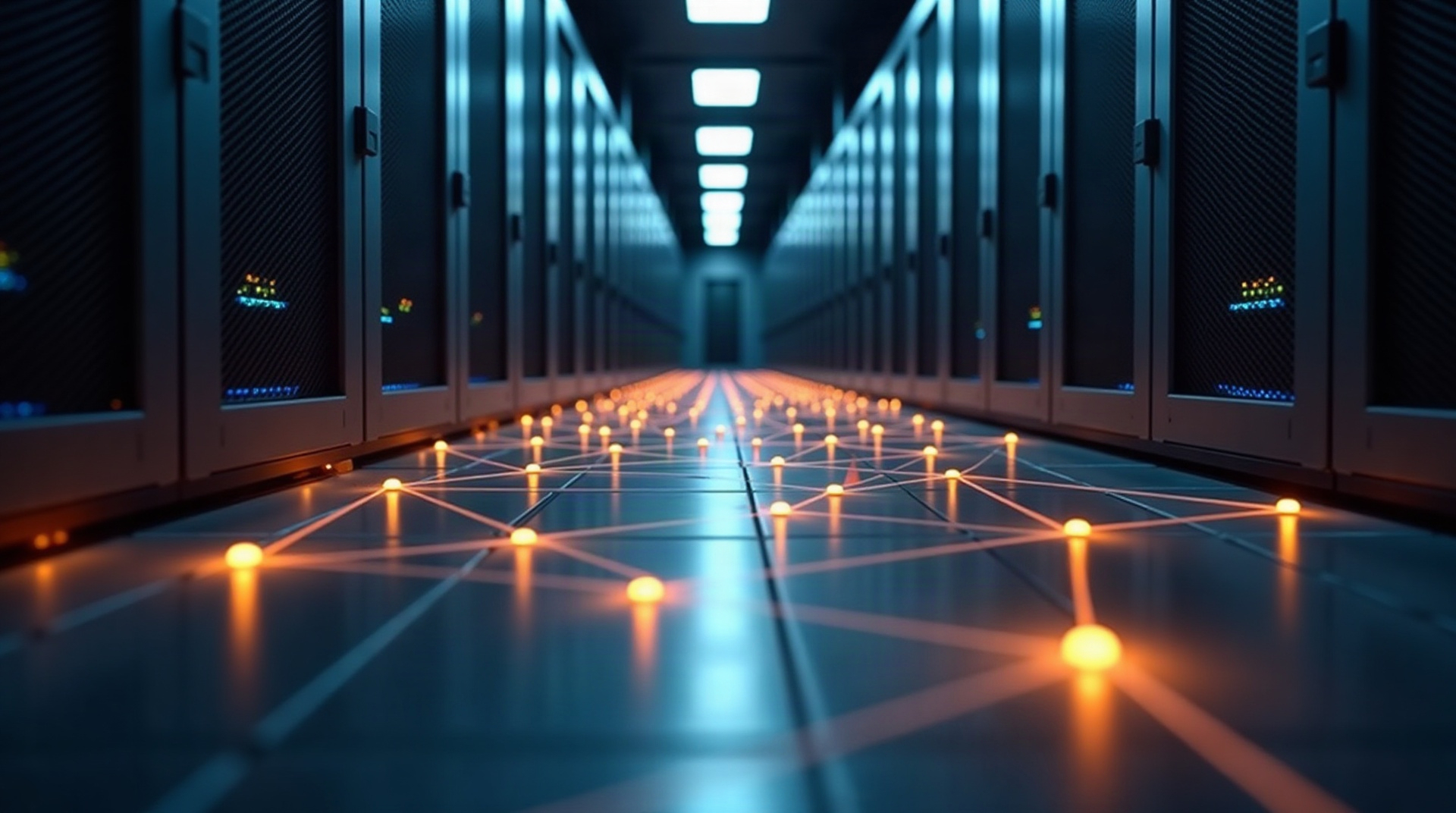 A hyperscale enterprise data center interior with interconnected infrastructure relationships
