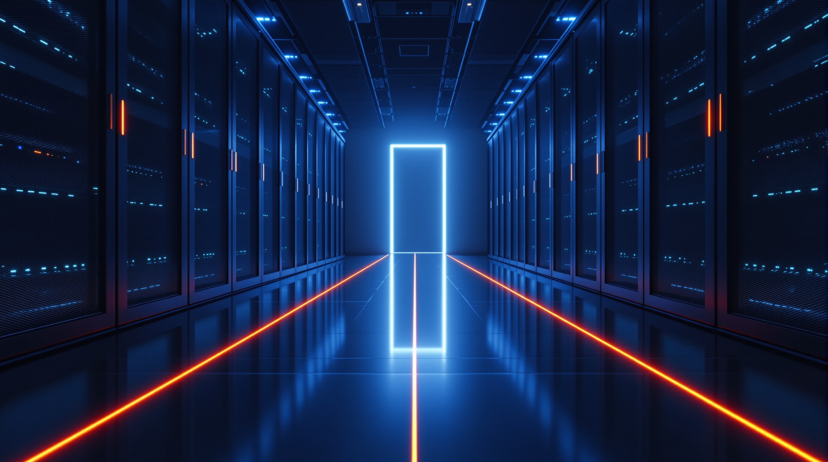 A premium enterprise data center corridor at night with a single warm orange guidance line leading toward an illuminated doorway