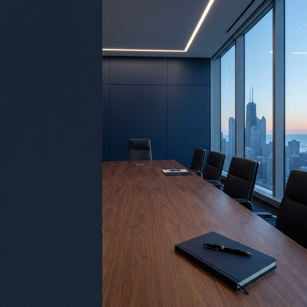 A prepared executive boardroom at dawn with a walnut table, navy paneled walls, and the Chicago skyline beyond the windows