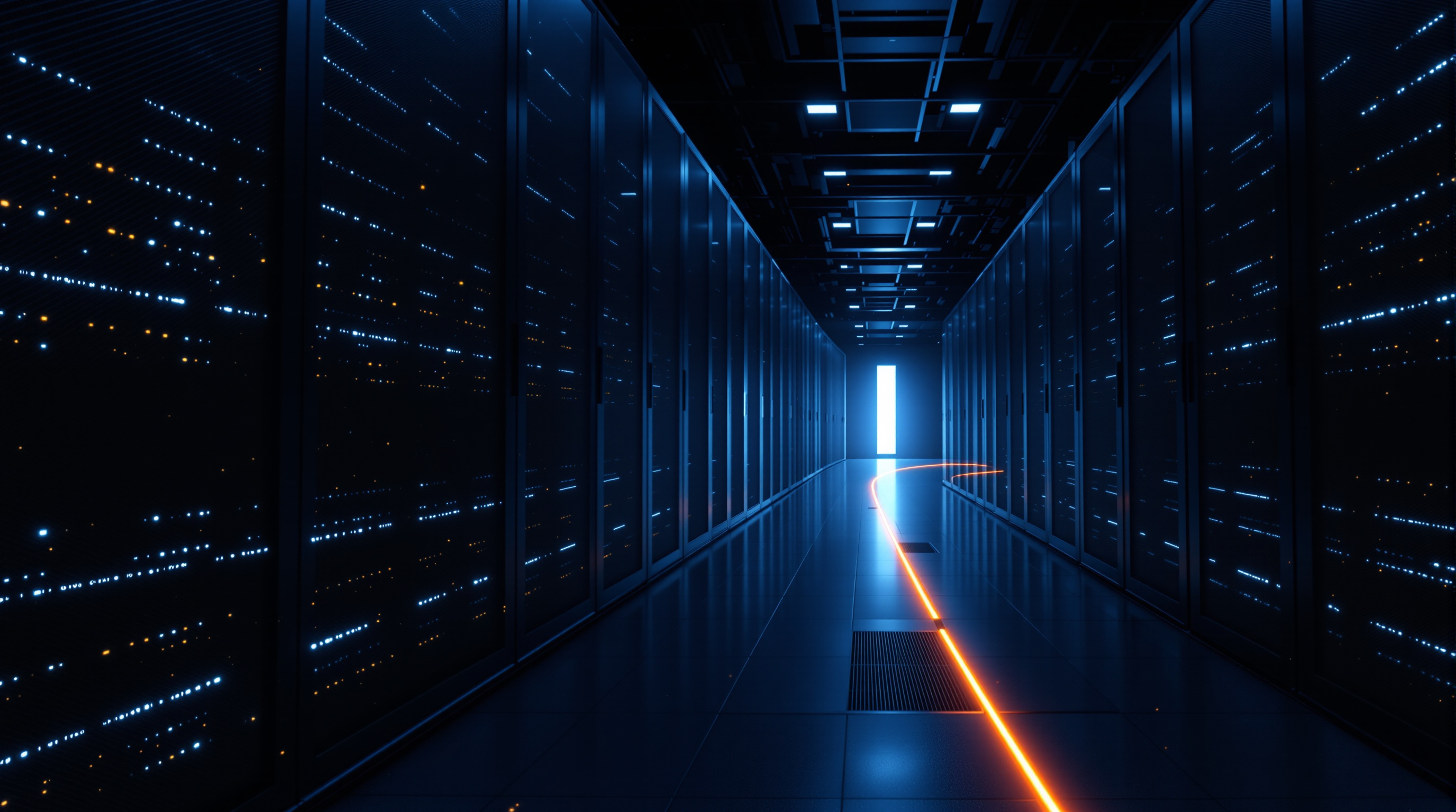 A data center corridor of server racks converging toward a bright doorway of light