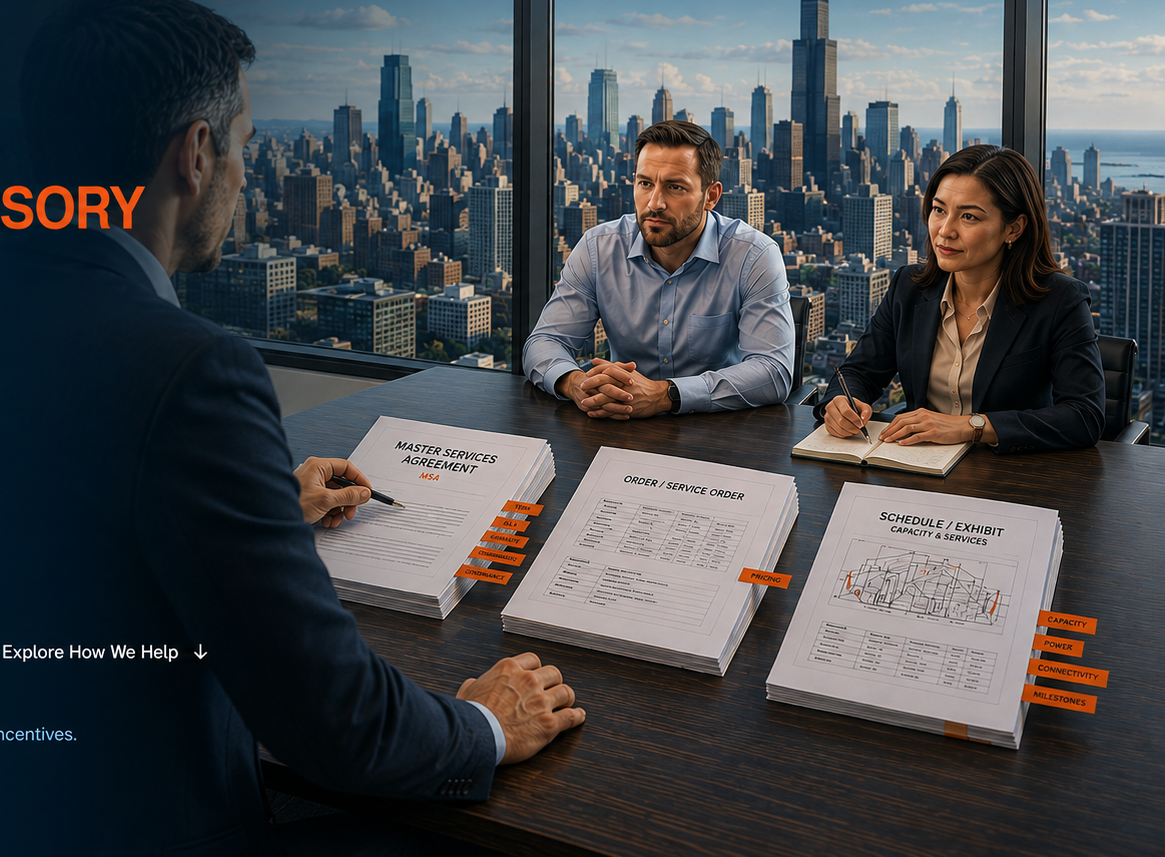 Three executives review a Master Services Agreement, Service Order, and Schedule Exhibit in a Chicago conference room