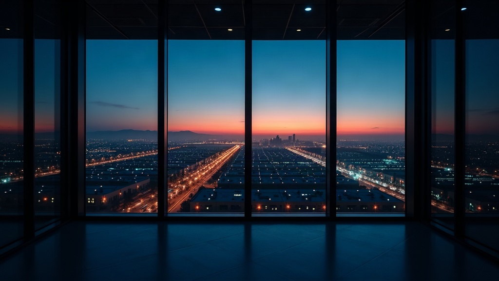 The view from a modern glass-walled executive room at dusk overlooking an illuminated infrastructure campus