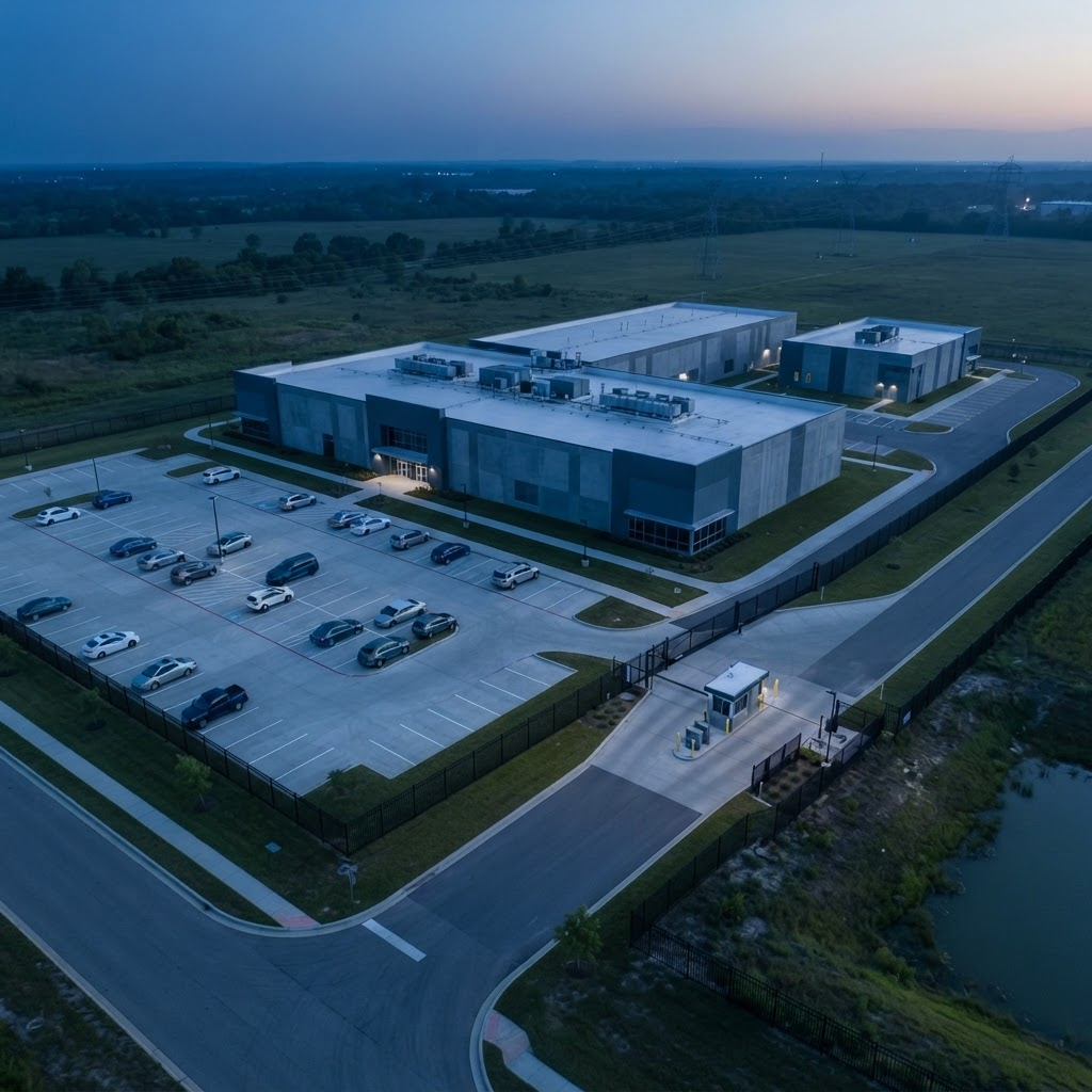 An elevated blue-hour view of a secure data center campus with controlled access, perimeter fencing, mechanical infrastructure, and expansion capacity