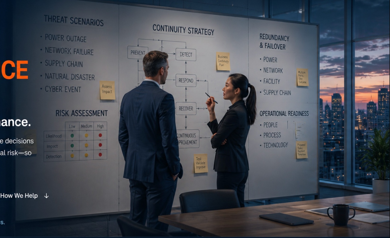 Two executive advisors reviewing threat scenarios, continuity strategy, and operational readiness at a whiteboard