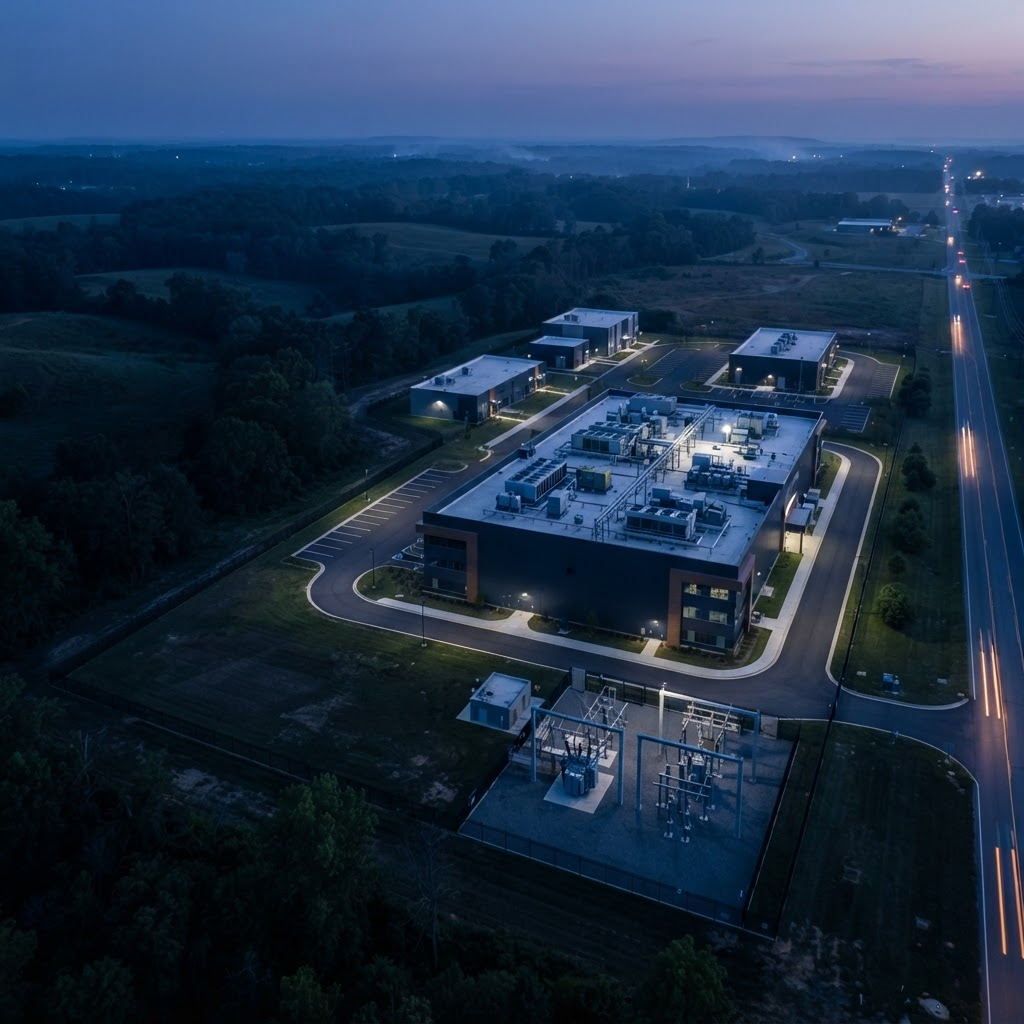 A blue-hour aerial view of a modern data-center campus with four facilities, an electrical switchyard, and a roadway along the far-right edge