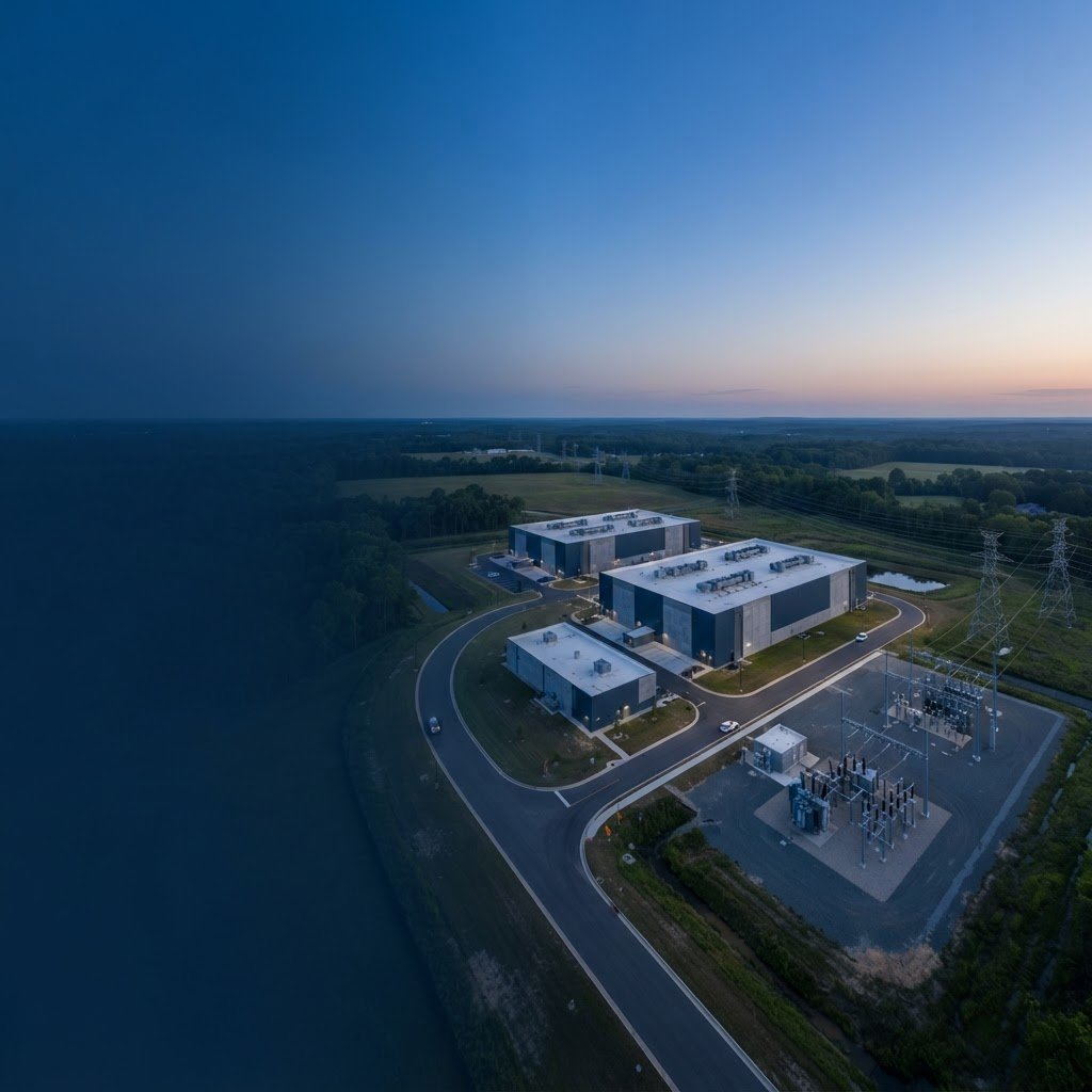 An elevated blue-hour view of a data center campus with an electrical substation, transmission infrastructure, access roads, and expansion land